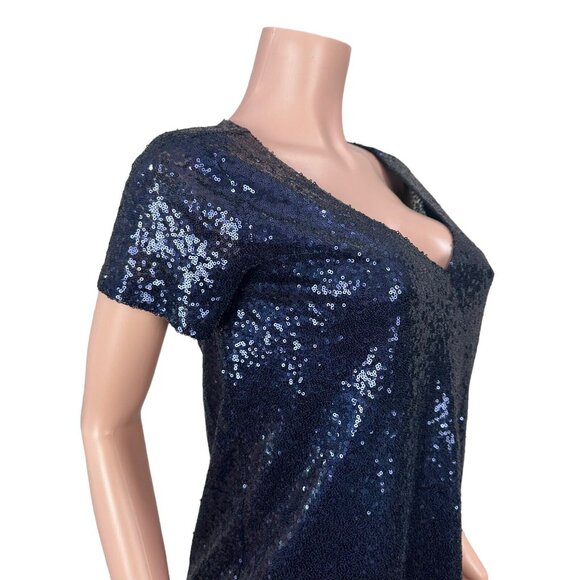Lulus Navy Blue Sequin Short Sleeve V-Neck Shift Dress Women SZ XS - Picture 13 of 15